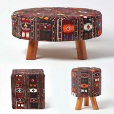 Traditional Style Kilim Pouffe & Footstool Tall Circular with Wooden Legs