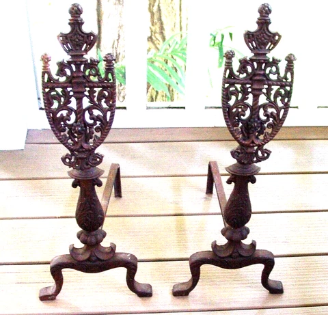 Vintage Andirons Ornate Arched Mantis Panel Queen Leg Fireplace Log Holder Decor Cover