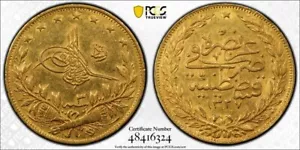 Moneda de Oro 100 Kurush AH1327 3 1911 OTOMANA TURQUÍA PCGS AU50 POP 1 - Imagen 1 de 1