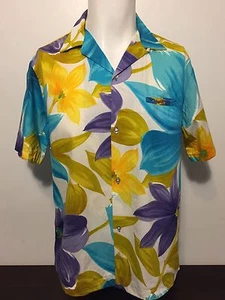 Vintage 1950s International Marketplace Aqua Floral Barkcloth Hawaiian Shirt M - Picture 1 of 5