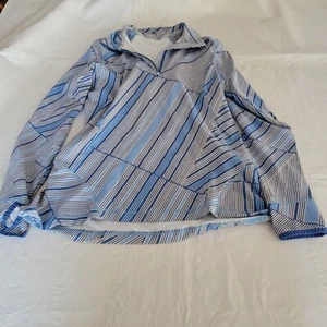 Lands End 1/4 Zip Pullover Size XL Blue Striped Jacket Womens Thumb Hole Sleeves - Picture 1 of 6