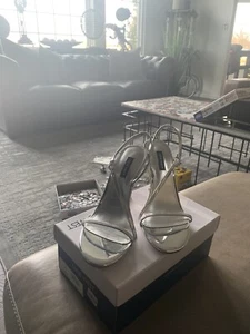 Nine West Strappy Silver Kitten Heels Sexy high heel sandals sz 8-8.5 Von Maur - Picture 1 of 7