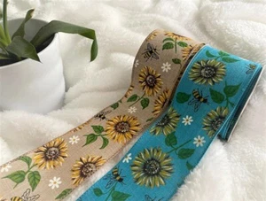 SUNFLOWER & BEES Spring Summer Autumn Flower - Eleganza Luxury Wire Edge Ribbon - Picture 1 of 10