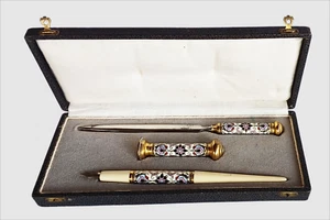 Vintage Metal Enamel desk set Russian attributed Antique in box - Picture 1 of 9