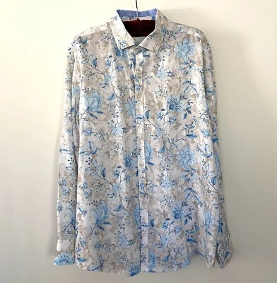 Camisa de vestir 108 hecha a medida para hombre beige blanco azul patrón floral  Foto 1 de 4