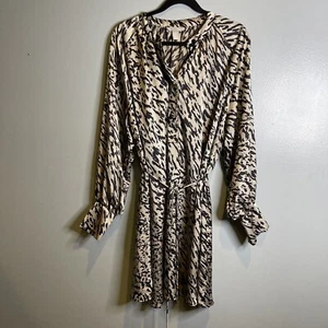 H&M Shirt Dress Womens Size XLarge Animal Print Long Sleeve Tunic Belt Satin - Picture 1 of 19