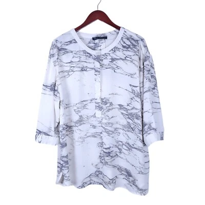 Blusa Top Rosa y Oliva 1X Gris Marfil Artístico Estampado Mármol Botón Popover Foto 1 de 4