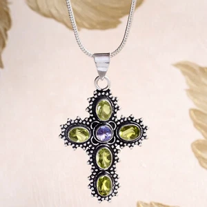 Faceted Peridot & Amethyst Cut Gemstone 925 Sterling Silver Cross Antic Jewelry - Picture 1 of 8