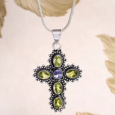 Faceted Peridot & Amethyst Cut Gemstone 925 Sterling Silver Cross Antic Jewelry - Image 1 of 4