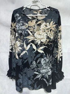 Top Susan Graver para mujer 2X tejido líquido manga con volantes adornado floral oscuro usado en excelente estado - Imagen 1 de 5