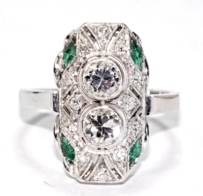 Ring Gold antik Art Deco Altschliff + Rosen 0,74 Smaragd 0,20 585 Gr.51-56 - Bild 1 von 4