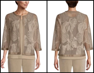 Chicos Travelers Floral Mesh Open Jacket Sequins Satin Event Holiday Size M NEW - Image 1 of 4