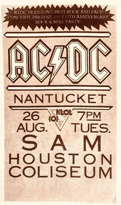 AC/DC +Nantucket Backstage Pass Sam Houston Coliseum 8/26/80 Back in Black Tour - Image 1 of 2