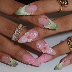 Almond Press on Nail French Unique 3D Floral Designs Acrylic Artificial Nail - Bild 1 von 8