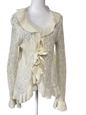 Next Era Sweater Womens Small Ivory Ruffle Lace Knit Tie Front Cardigan Boho - Image 1 of 4