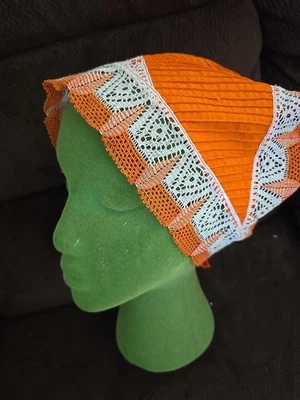 Vintage Orange Pleated Lacey Head Scarf curler cap Kerchief mod 60s pop art - Image 1 of 4