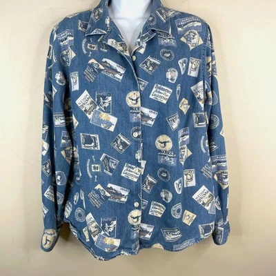 Camisa de férias vintage Wanderlust viagem denim botão para cima tamanho G camadas - Imagem 1 de 4