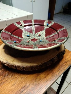 Late 20th Century Moroccan Ceramic Bowl With Silvertone Metal & Stones - Image 1 of 4