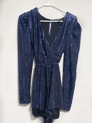 Mameluco Lulu’s Azul Oscuro/Azul Marino Lentejuelas Manga Larga Cuello en V, Talla XS Foto 1 de 4