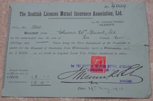 Scottish Licenses Mutual Assurance Insurance Premium Document 1916 - Picture 1 of 1