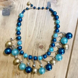 Vintage Beaded Necklace Teal Gold Metal Japan Deco - Picture 1 of 5