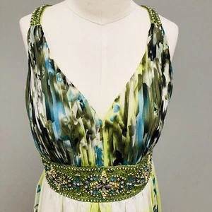 Jovani Beaded Formal Gown DRESS Sequin Sz 12 Greens Cross Back Overskirt Unique - Picture 1 of 13