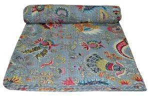 Indian Cotton Floral Print Kantha Quilt Blanket Queen Bedspread Handmade Throw - Picture 1 of 4