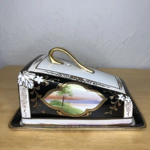 Vtg Hand Painted NIPPON Covered CHEESE/BUTTER Dish 4.5" Server Keeper Gold Black - Picture 1 of 13