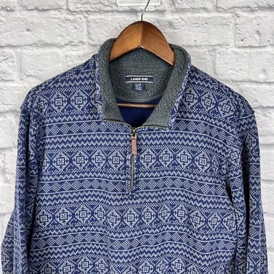 Lands End Blue Fair Isle Pattern Fleece Neck 1/4 Zip Pullover Sweater Large TALL - Image 1 of 4