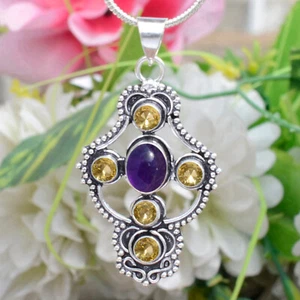 Amethyst & Citrine Topaz Gemstone 925 Sterling Silver Cross Designer Pendant - Picture 1 of 9