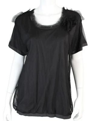 LANVIN Black Tulle & Gray Jersey Rosette Detail Short Sleeve Top M - Image 1 of 4