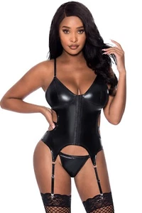 CLUB CANDY WET LOOK BASQUE CORSET STYLE WITH GARTERS & CHEEKY PANTY - Picture 1 of 5