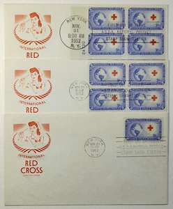 1952 FDC  Intl. Red Cross 3c House of Farnam Complete Set of3 Plate Blk SC #1016 - Picture 1 of 7