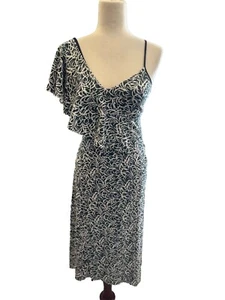 Club Monaco One Shoulder Ruffle Cocktail Party Dress Black White Swirl Stretch 0 - Picture 1 of 4