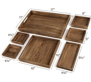 Wooden Serving Trays, 7 Piece Set, Rustic Nesting Food Trays with Handles, Decor - Picture 1 of 3
