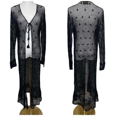 Cárdigan Kimono Plumero Vintage April Cornell Floral Malla Negra M/L Años 90 Foto 1 de 4