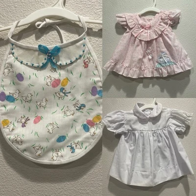 LOT 3 Vintage Duck Easter Bib & 2 Baby Girl Dress Mayfair 0-3 Months Pink White - Image 1 of 4