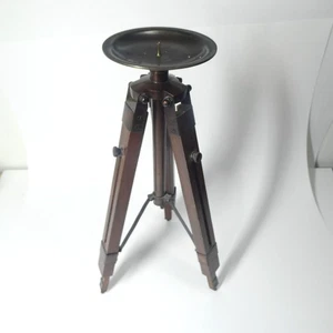 Tripod Pillar Candle Holder Wooden & Metal Stand Industrial Vintage - Picture 1 of 14