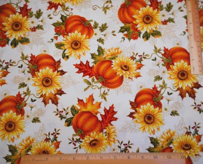 Kaufman Fabric By Yard Autumn Glory Pumpkins Floral Metallic Gold Cream Cotton B - Image 1 of 2