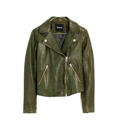 NWT Madewell The Washed Leather Motorcycle Jacket in Dark Forest Green M $525 - Image 1 of 4