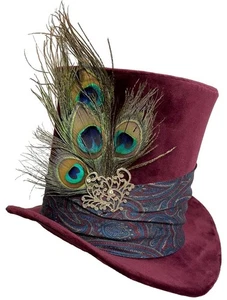 Tall Maroon Top Hat Red Burgundy Peacock Feathered Steampunk Wedding Topper - Picture 1 of 6