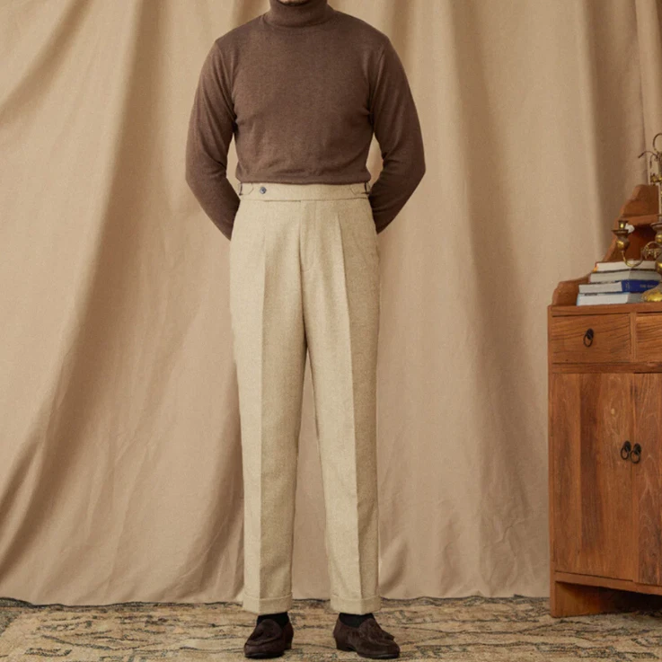 Herringbone Men's Pants Adjustable Waist Tweed Pleated Front Cuffed Trousers - Image 1 of 4