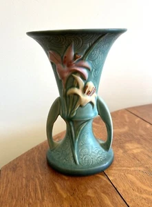 Vintage Roseville Zephyr Lily #132-7 Bluish Green Double Handled Vase - Picture 1 of 4