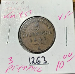1847 A German States PRUSSIA 3 Pfennig KM# 453. circulated cond. Coin #1263 - Picture 1 of 2