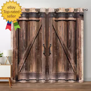 Rustic Wood Blackout Curtains Vintage Wooden Barn Door Farmhouse Home Bedroom - Picture 1 of 6