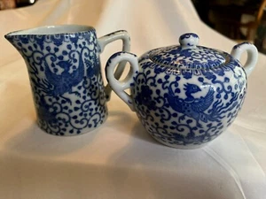 Antica ciotola di zucchero crema per uccellini Noritake Morimura blu bianco fenice Giappone - Foto 1 di 7