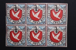1845 SWITZERLAND BLOCKOF 6 'BASEL DOVE' STAMPS FORGERY - Picture 1 of 2