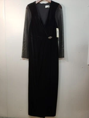 Nuevo con etiquetas Vestido Eliza J 10 Cuello en V Malla Elastizado Terciopelo Envolvente Lateral Manga Larga Ilusión  Foto 1 de 4