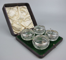 Antique Salt Cellars Set. Cut crystal glass & hallmarked silver rim mount. c1902