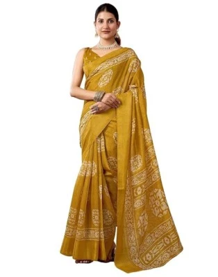 Yellow Cotton Printed Saree Party Wear Indian Pakistani Designer Sari - Image 1 of 4